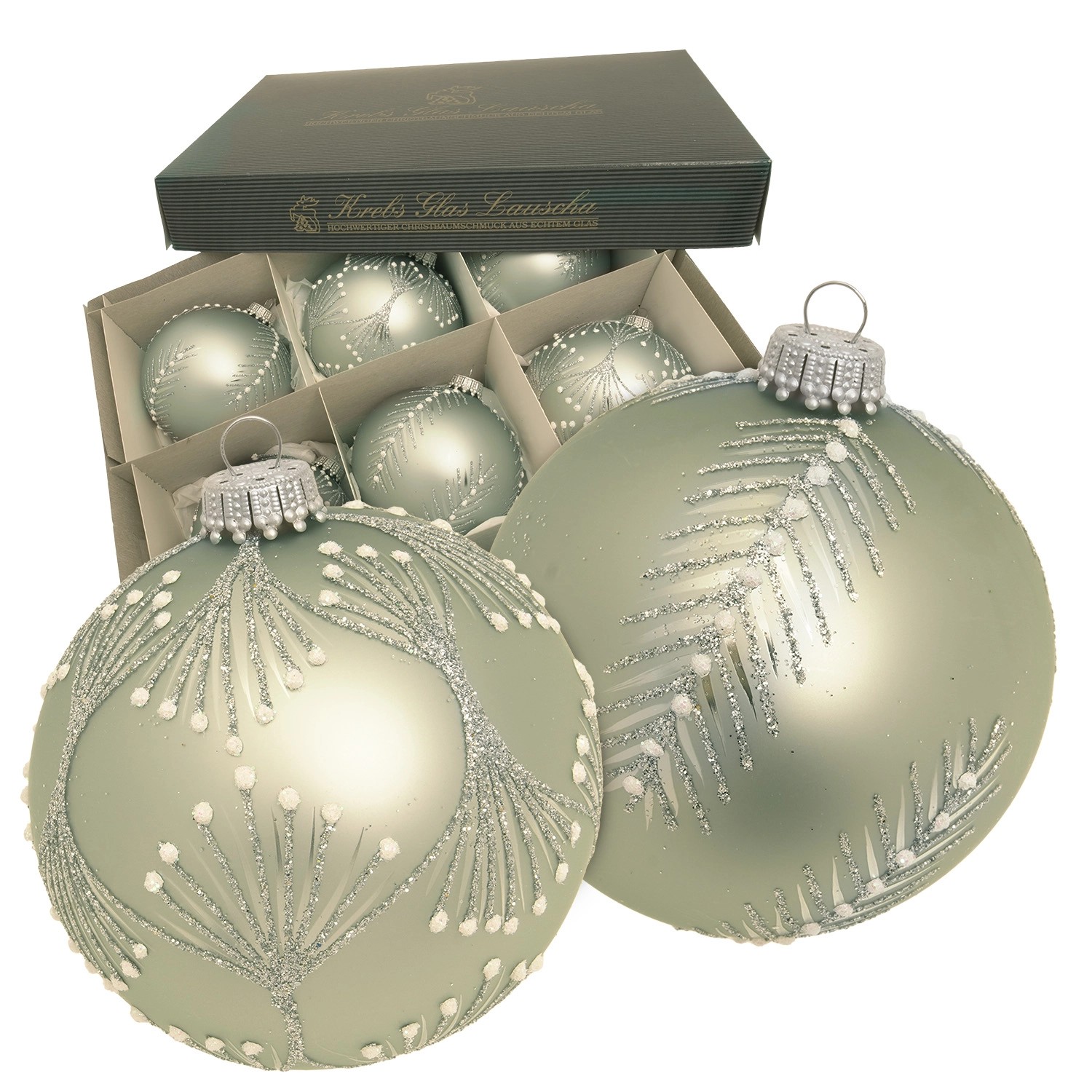 Krebs Glas Lauscha Weihnachtskugeln Kugeln Frostige Zweige Grün 8cm