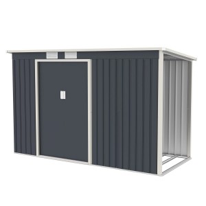 Juskys Metall Geräteschuppen M anthrazit mit Holzunterstand rechts.