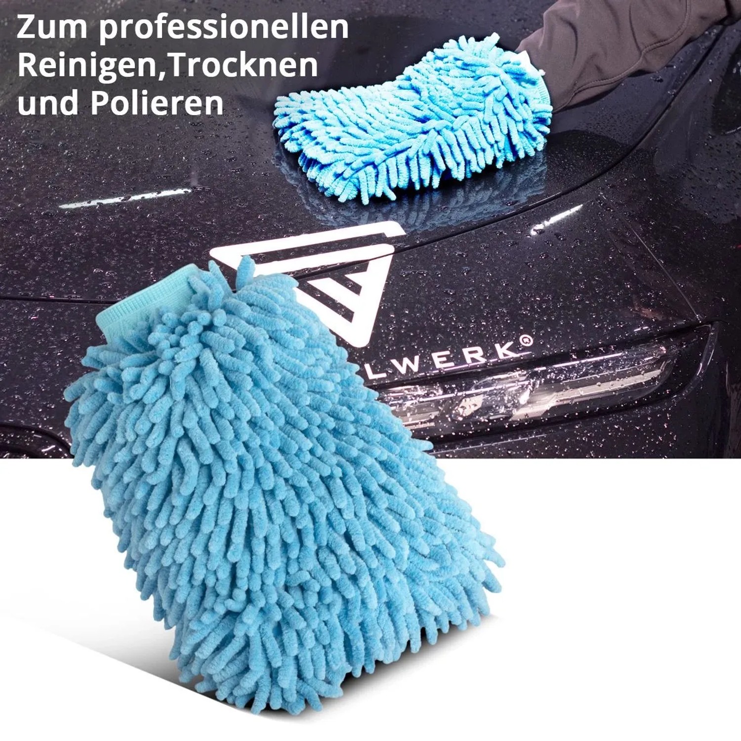 STAHLWERK Mikrofaser Autowaschhandschuh in Blau reinigt nasses Auto. Ideal für Autopflege, Trocknen und Polieren.