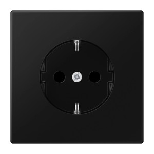Graphitschwarze Jung Schutzkontakt-Steckdose Safety+ mit Kindersicherung, 16A, 250V.