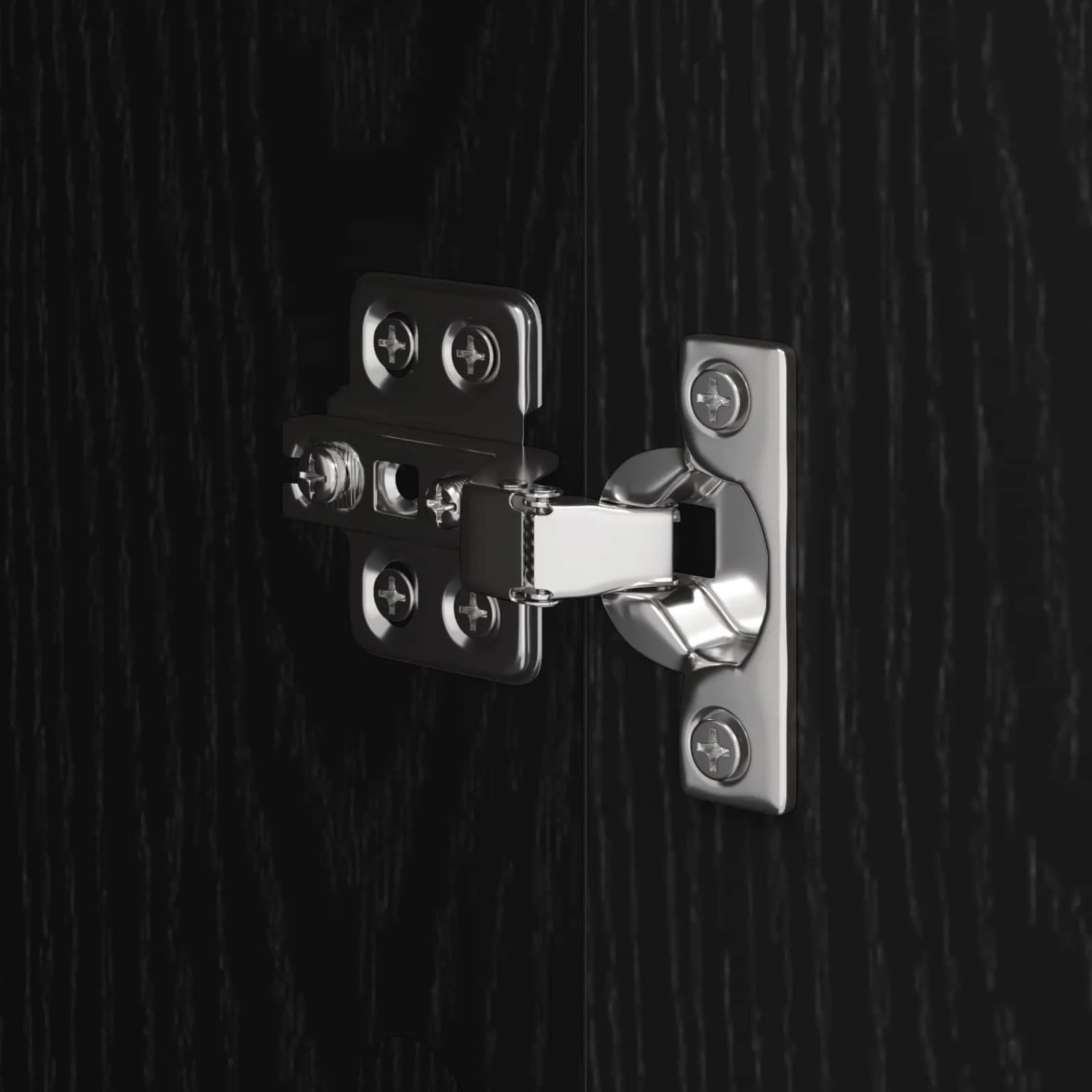 Detailaufnahme: Scharnier an Badezimmerschrank in Schwarz Eichen-Optik.