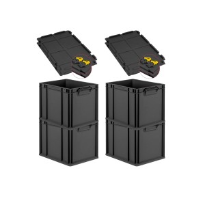 PROREGAL SuperSparSet: 4 schwarze Euroboxen mit Scharnierdeckel und gelben Verschlüssen, 30 Liter.
