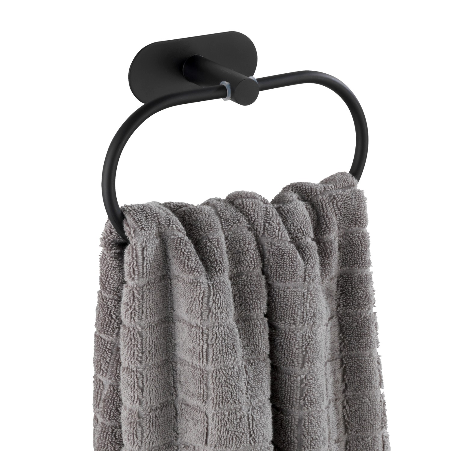 Wenko Handtuchring Orea Black aus Edelstahl mit Handtuch, zur Wandmontage ohne Bohren.