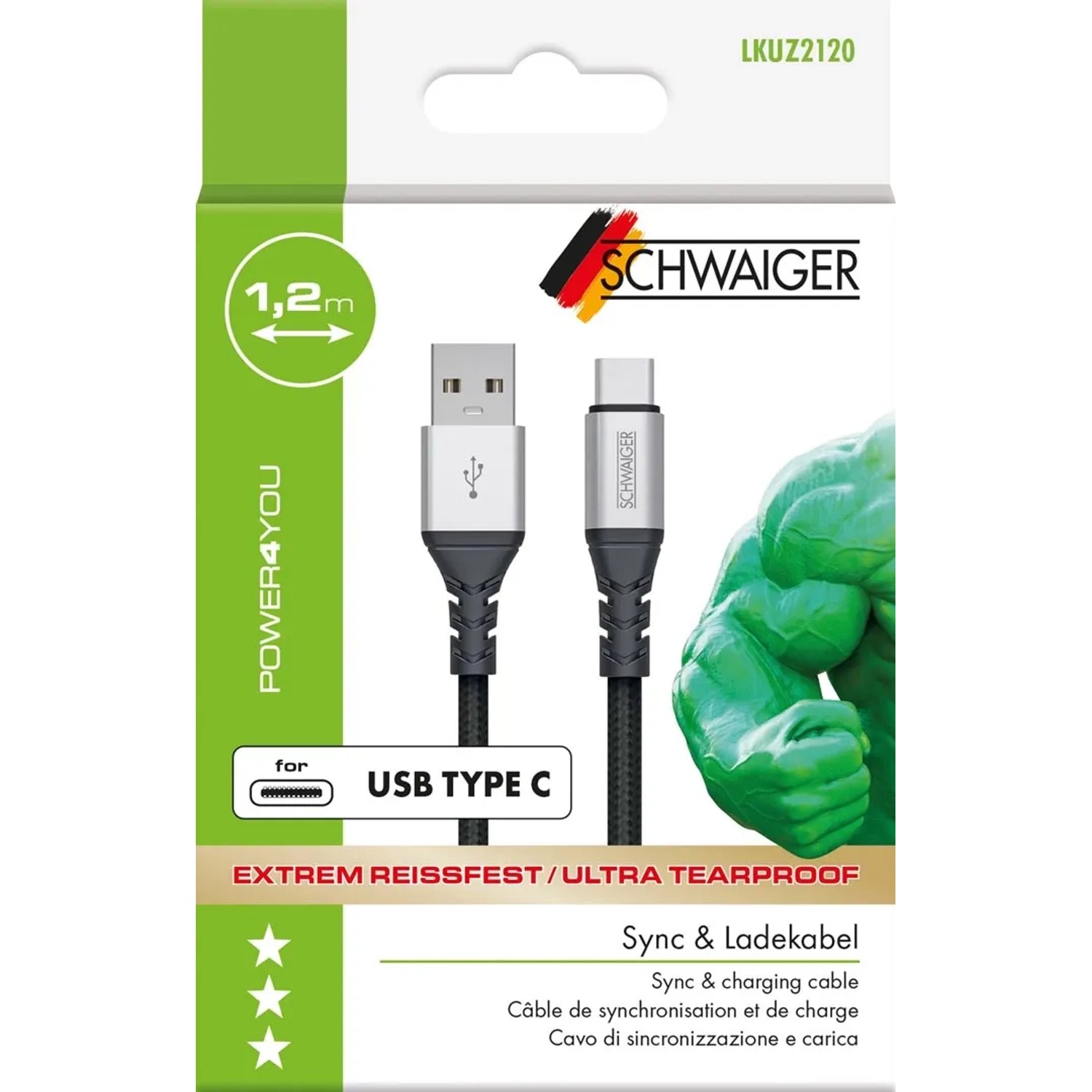 Schwaiger USB Type C Ladekabel, 1,2m, schwarz, unzerstörbar, zum Synchronisieren und Laden von Geräten.