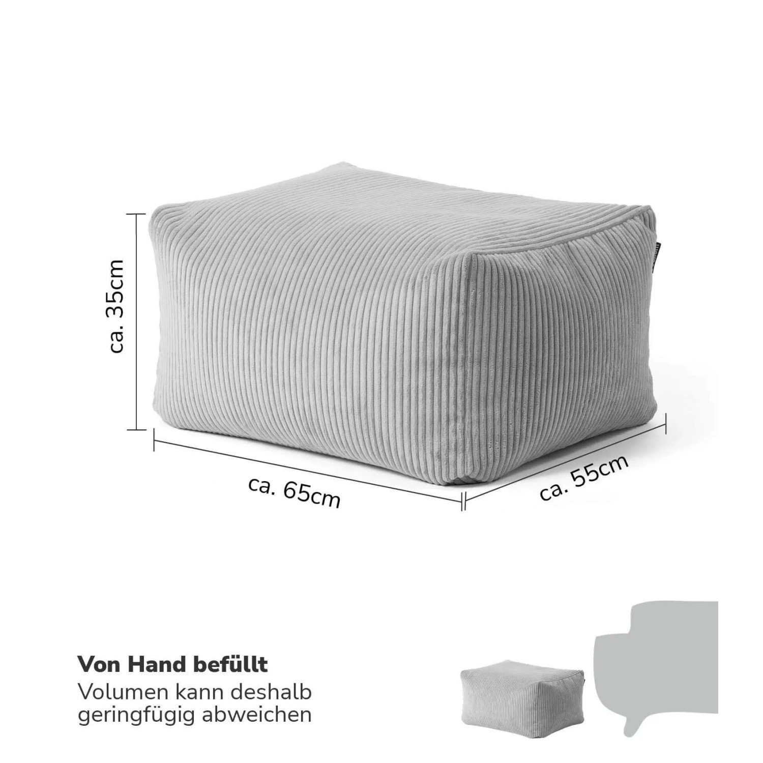 Grauer mokebo Cord Hocker 'Ruhestifter' mit Maßangaben, vielseitig als Sitzpouf oder Fußhocker nutzbar.