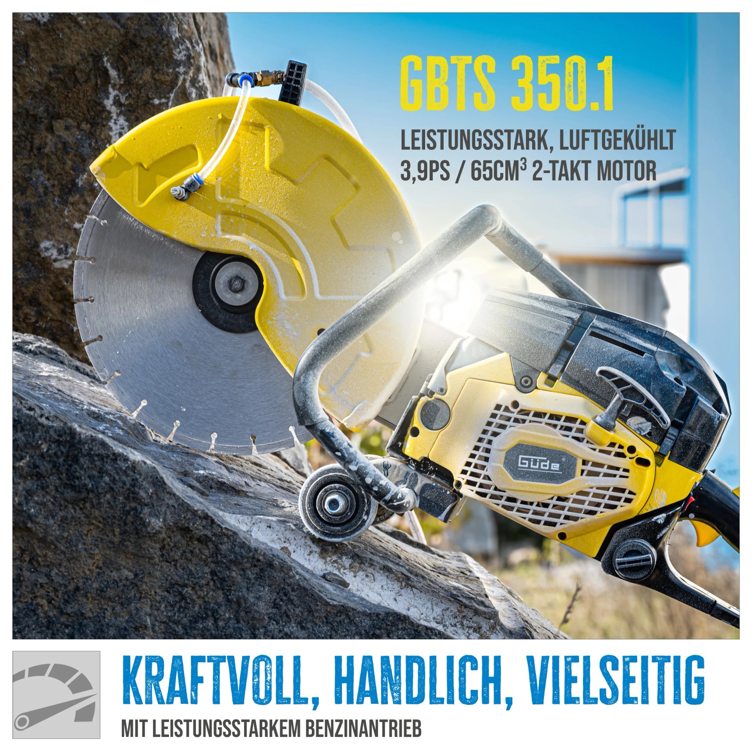 Güde Betontrennschneider GBTS 350.1 auf Stein, gelb/schwarz, mit Diamanttrennscheibe. Baumaschine für Beton.