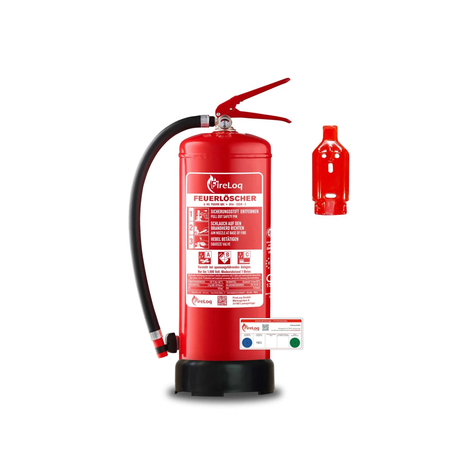 FireLoq 6kg Pulver Löscher 34A 233B C Prüfnachweis Wandhalter Manometer