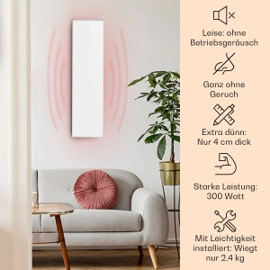 Weiße Klarstein Wonderwall 30 Infrarotheizung (30x100 cm, 300 W) an der Wand, strahlt Wärme aus. Flacher Heizkörper im Wohnzimmer.