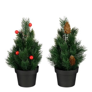 Künstlicher Weihnachtsbaum mit Kieferzapfen und Beeren im Topf, 24 cm hoch.
