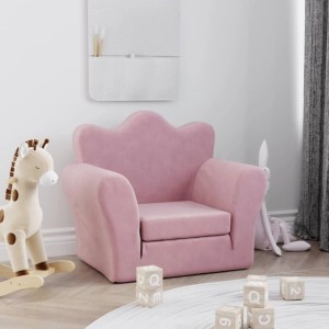 Rosa Kinder Schlafsofa aus weichem Plüsch, als Sessel im Kinderzimmer. Bequemes 2-in-1 Kindermöbel.