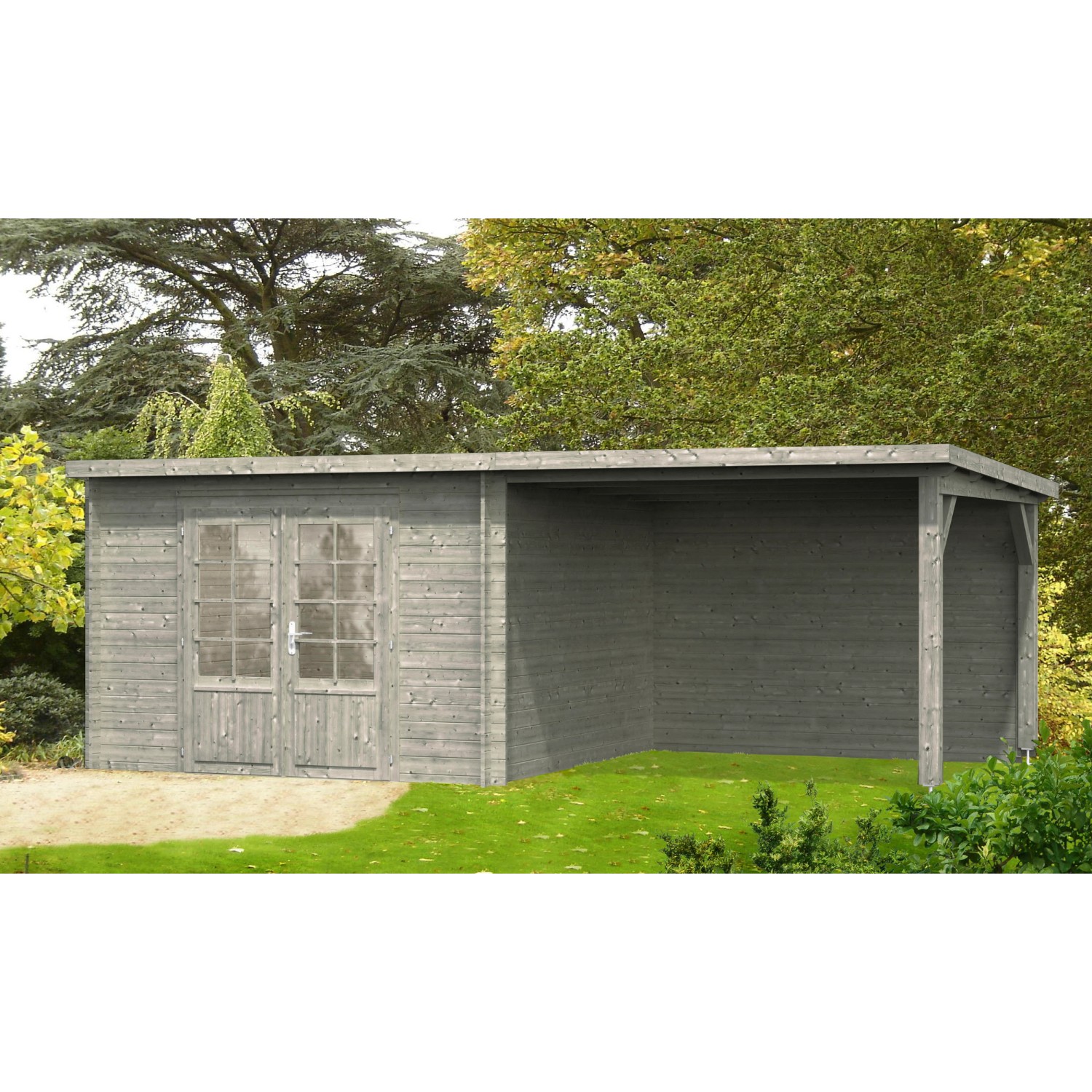 Palmako Ella Holz-Gartenhaus/Gerätehaus Grau Flachdach Tauchgrundiert 592 cm x 300 cm