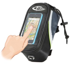 Tectake Fahrradtasche mit Handyfach zur Touchbedienung, schwarz-grau-grün.