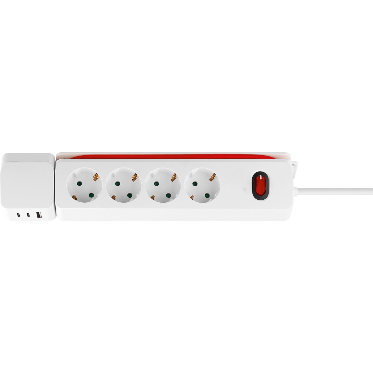 Weiße 4-fach Steckdosenleiste mit USB-A und USB-C Anschlüssen, 1,4 m Kabel und Schalter.