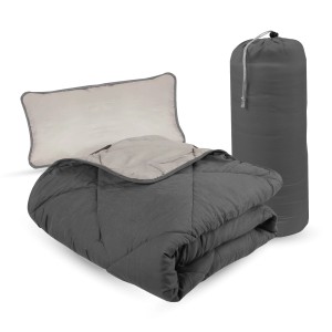 Bestlivings Reise-Bettenset, 2-teilig, anthrazit/hellgrau: Steppdecke, Kissen und Aufbewahrungsbeutel.