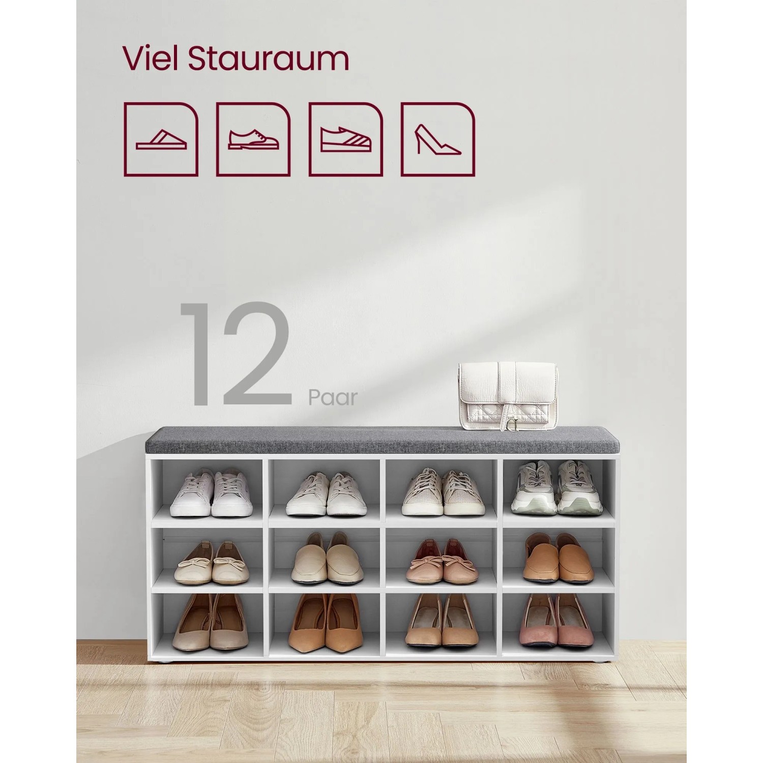 Vasagle Schuhbank in Weiß-Grau mit 12 Fächern für Schuhe und gepolsterter Sitzfläche.
