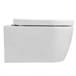 Weißes NEG Kompakt Hänge-WC Uno99K, 48,5 cm lang, mit geschlossenem Deckel und Soft-Close-Sitz, Seitenansicht.