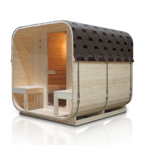 Artsauna Cube Fasssauna Nolvik XXL: Quadratische Gartensauna aus Fichtenholz mit Dachschindeln.