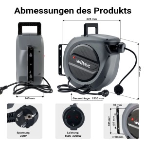 Graue Wiltec Kabeltrommel mit automatischem Aufroller, 15m Kabel, schwenkbarer Wandhalterung und 1500-3200W Leistung.