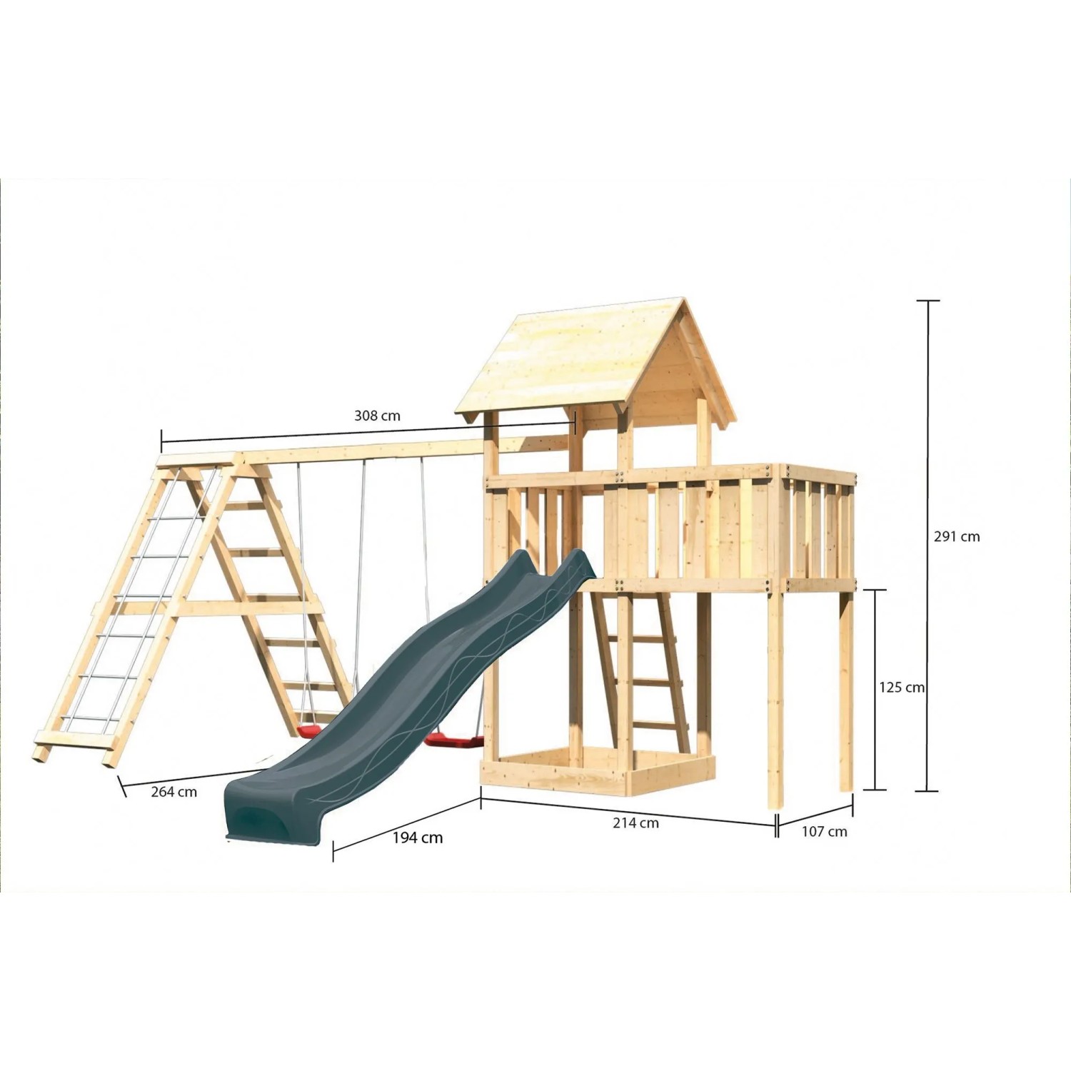 Karibu Spielturm Lotti mit Rutsche, Schaukel und Leiter aus Holz, ideal für den Garten.