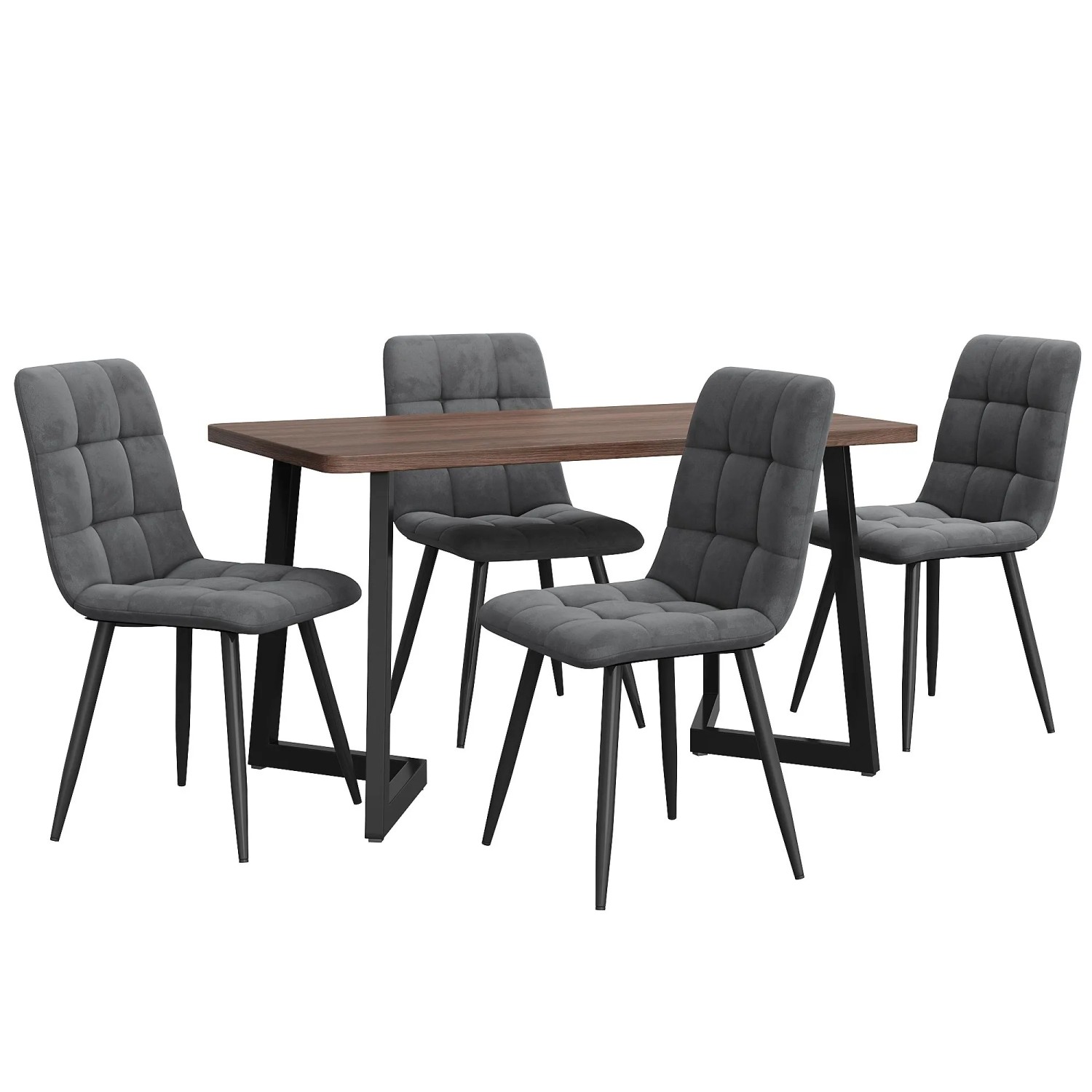 Merax Essgruppe 5-tlg mit Esstisch Holzoptik  4 Samtstühle Dunkelgrau  MDF Walnuss  Schwarz