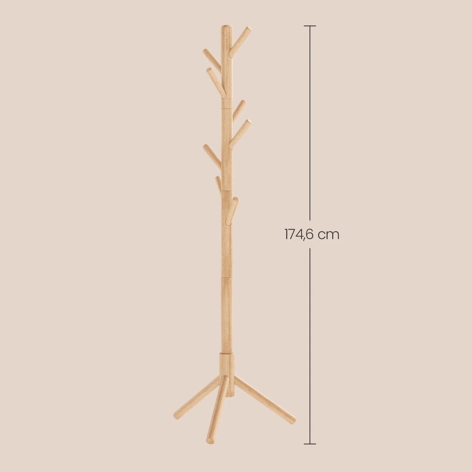 Songmics Garderobenständer Andi aus Massivholz mit 8 Haken in Natur, 174,6 cm hoch.