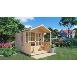 Bertilo Gartenhaus Arley aus Holz, naturbelassen mit kleiner Veranda im Garten.