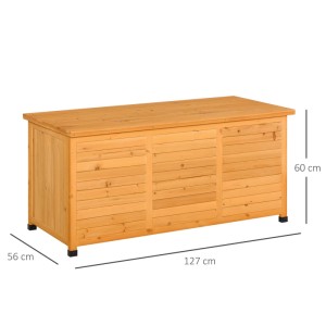 Gelbe Outsunny Gartenbox aus Holz, 127x56x60 cm, bietet robusten Stauraum für Gartenutensilien und Kissen.