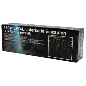 Schwarze Verpackung des Lex 160er LED Eiszapfen Lichtervorhangs, warmweiß, transparentes Kabel, für Außen & Innen.