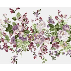 Laura Ashley Vliesfototapete Rosemore mit Rosen, Blätter und Beeren in Lila- und Grüntönen.