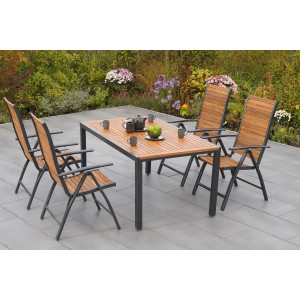 Merxx Santorin Gartenmöbel-Set, 5-teilig: Tisch (150x90 cm) und 4 Klappsessel aus Akazienholz und Aluminium.