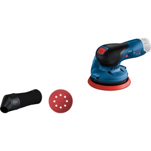 Bosch Professional GEX 12V-125 Akku-Exzenterschleifer mit Schleifblatt und Staubbeutel.