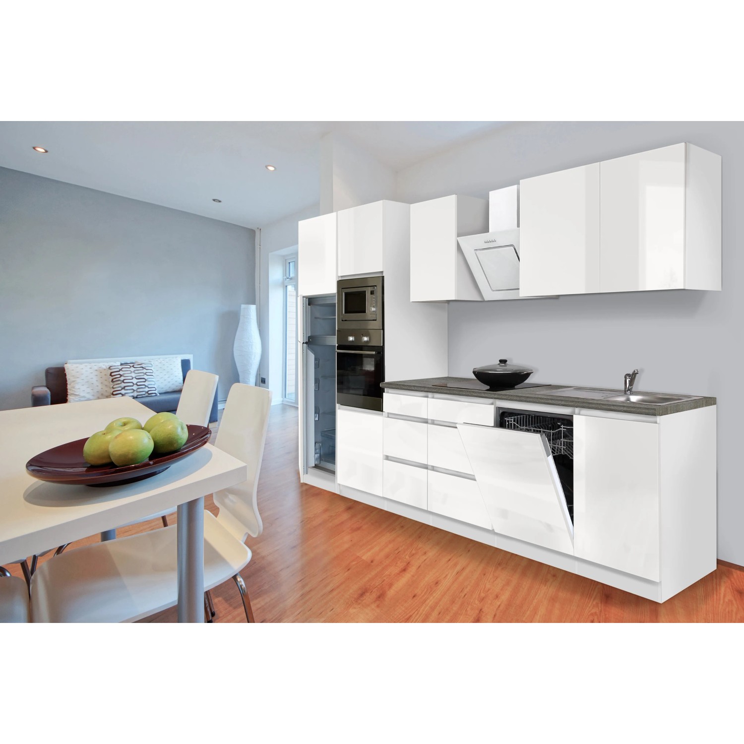 Respekta Premium Küchenzeile GLRP345HWWGKE, 345 cm, Weiß Hochglanz mit E-Geräten.