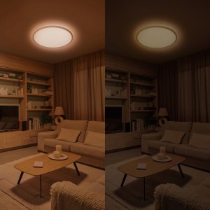 Philips Valen LED Deckenleuchte weiß, 43 cm, dimmbar. Zeigt warmes und kühles Licht im Wohnzimmer für flexible Beleuchtung.