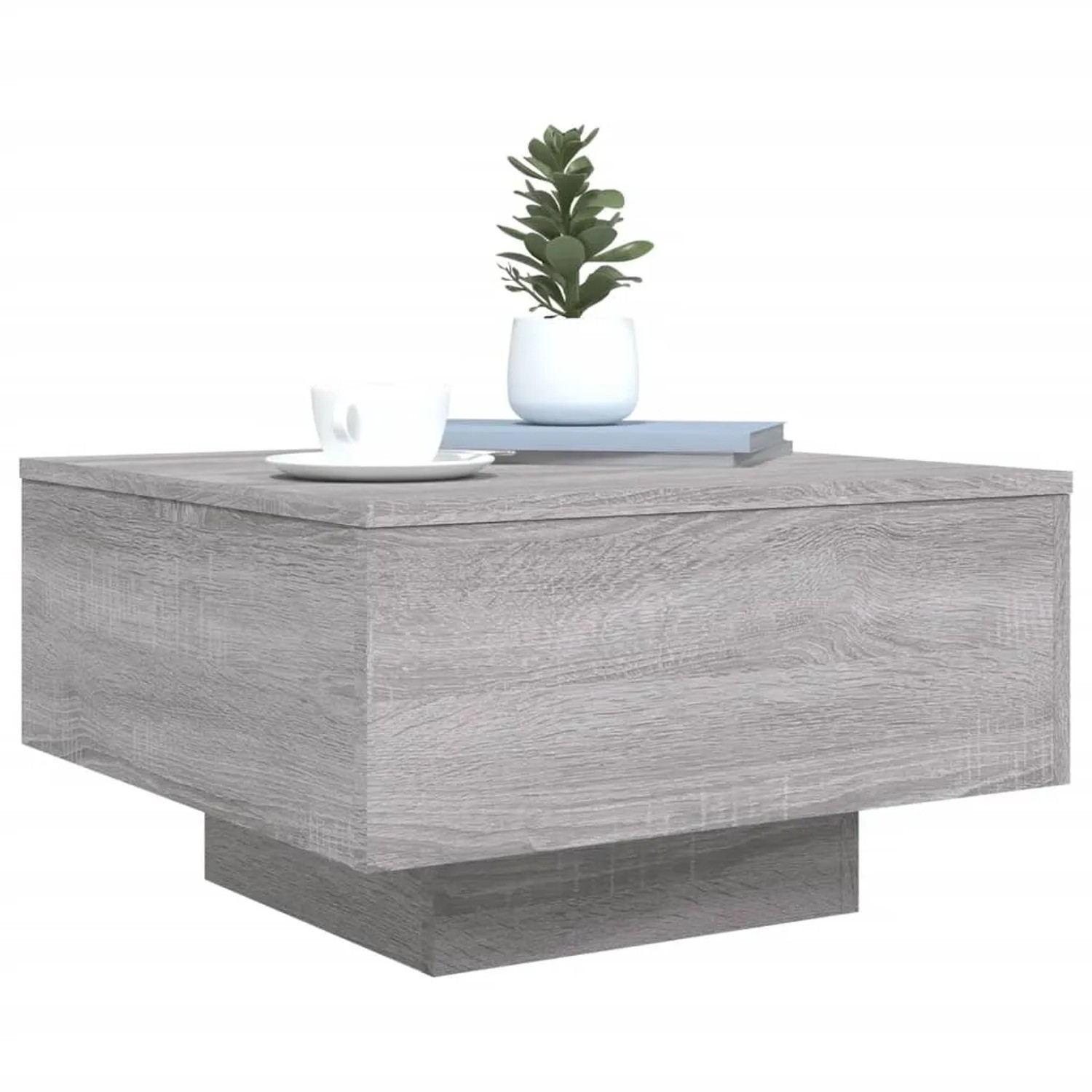 Moderner, grauer Couchtisch Sonoma mit LED-Beleuchtung, quadratisch, 55x55x31 cm.