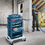 Bosch Professional i-Boxx Shelf Aufbewahrungssystem mit Werkzeug auf Rollwagen in Werkstatt.