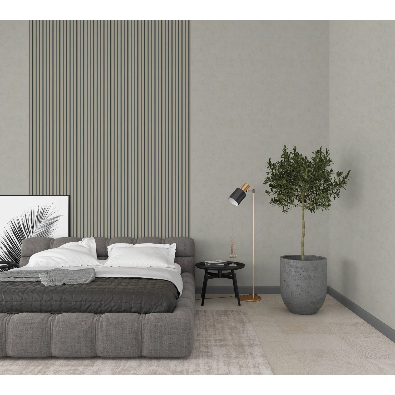 Beige Marburg Vliestapete GZSZ Streifen im Schlafzimmer mit Paneel-Design.
