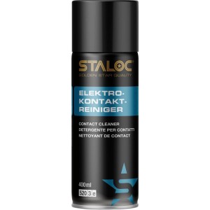 Staloc Elektrokontaktreiniger 400 ml Spraydose. Schwarze Dose mit blauem Etikett, reinigt elektrische Kontakte.