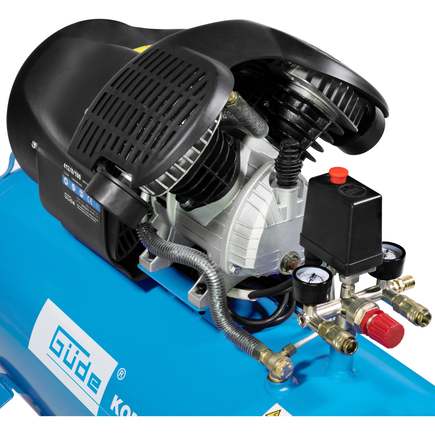 Güde Kompressor 412/8/100: Ölgeschmierter Kompressor mit 2 Zylindern, Druckschalter und 2 Kupplungen.