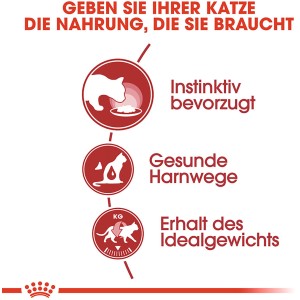 Royal Canin Katzenfutter: Illustration zu instinktiver Präferenz, Harnwegsfunktion und Idealgewicht.