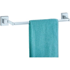 Wenko Badetuchstange Uno Quadro aus Edelstahl mit blauem Handtuch.