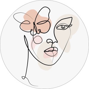 Glasbild Line Art Faces III, Ø 20cm: Abstraktes Frauengesicht mit floralen Elementen in Schwarz und Beige.