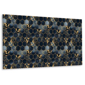 Selbstklebendes Wandpaneel 100x50 cm mit blau-goldenen Blechen und Sechsecken als Wandverkleidung.
