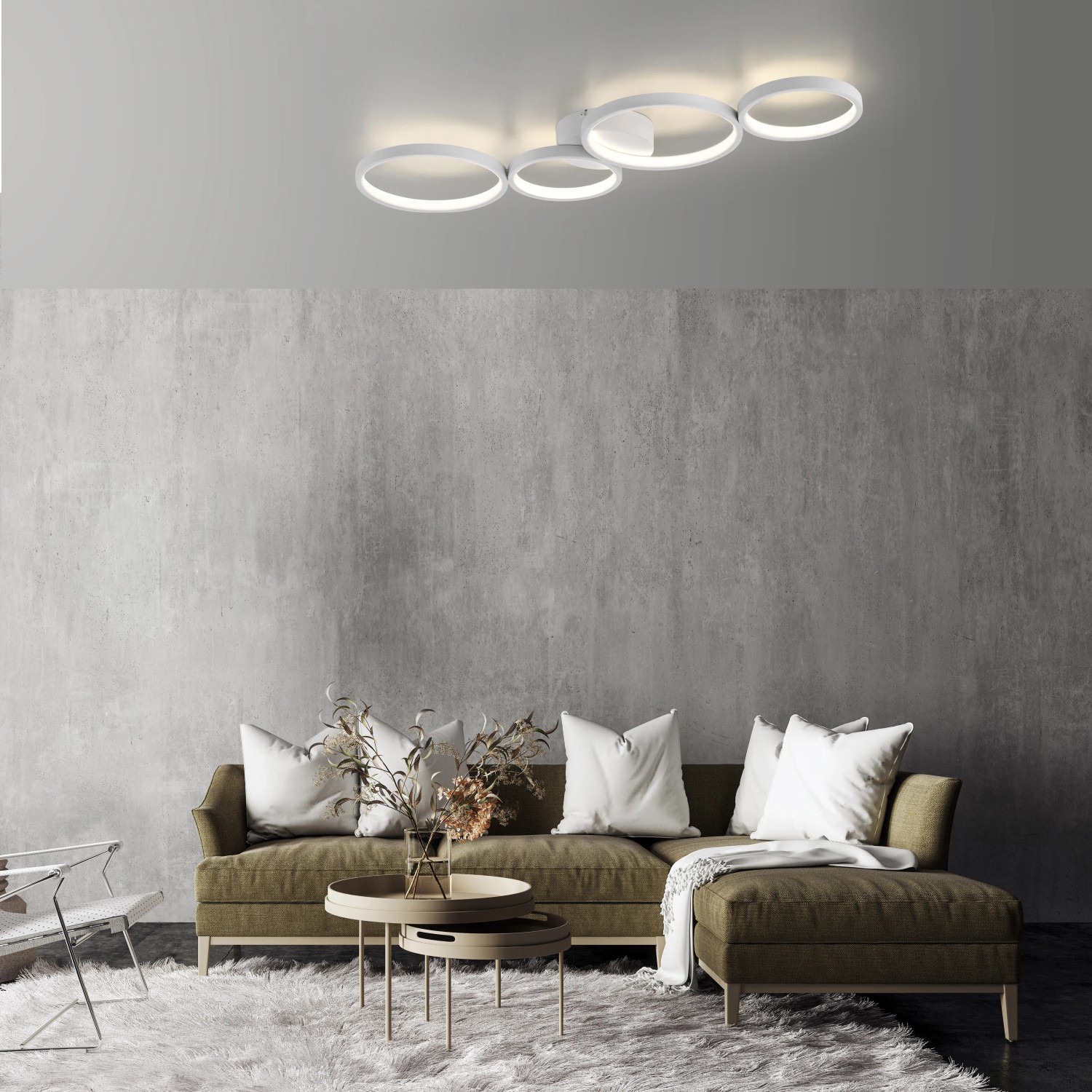 Moderne LED-Deckenleuchte Kiringe von Paul Neuhaus, 87x31,5 cm, Weiß, mit vier Ringen.