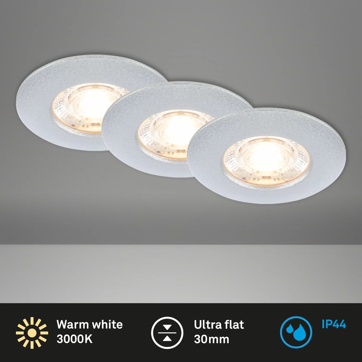 3er Set Briloner LED Einbaustrahler, chrom-matt, warmweißes Licht, IP44 für Bad.