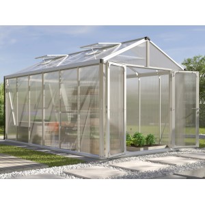 Vitavia Gewächshaus Zeus Comfort 11900 mit Alu-Rahmen und geöffneten Doppeltüren.