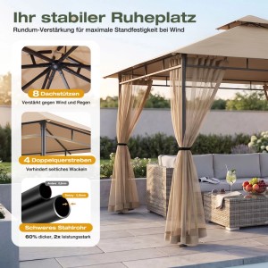 Taupe Pavillon 3x3m mit Doppeldach, zurückgebundenem Moskitonetz und stabiler Stahlkonstruktion auf Terrasse.