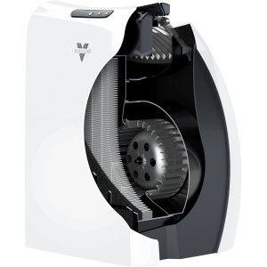 Geschnittener Vornado Luftreiniger AC350 in Weiß, zeigt HEPA-Filter und Gebläse.