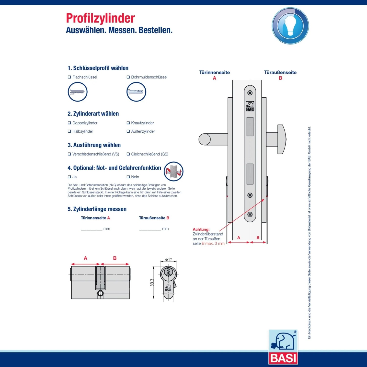 Basi Profilzylinder K40/40 mm, verschiedenschließend, mit Knauf. Schemazeichnung zur Auswahl und Messung.