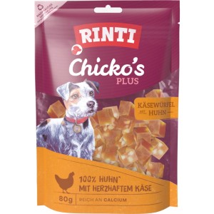 Rinti Chicko Plus Käsewürfel mit Huhn, 80g Packung Hunde-Natursnack.
