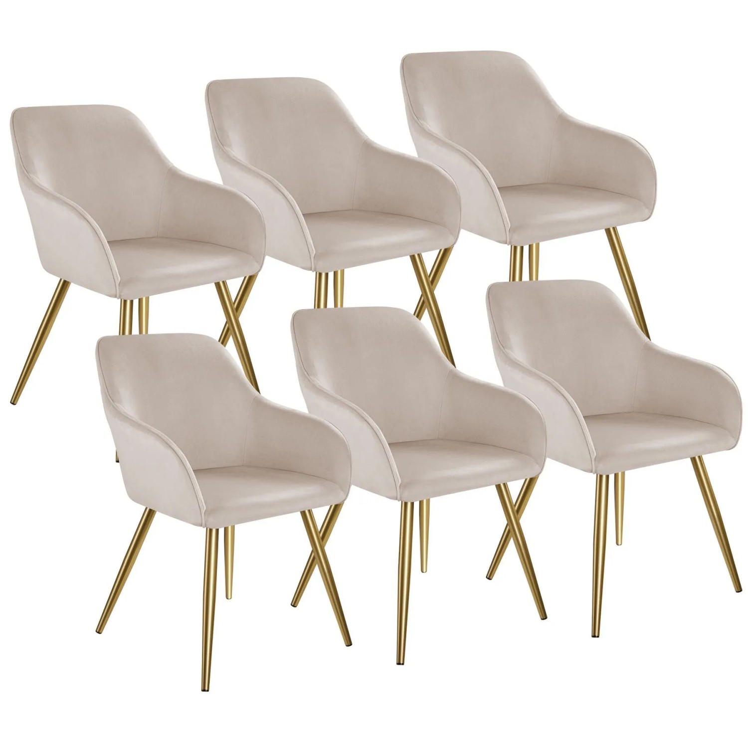 Tectake Esszimmerstuhl Marilyn Gepolstert  In Samtoptik Durchgehende Lehne 6Er Set 62 x 58 x 82 cm Taupe Gold